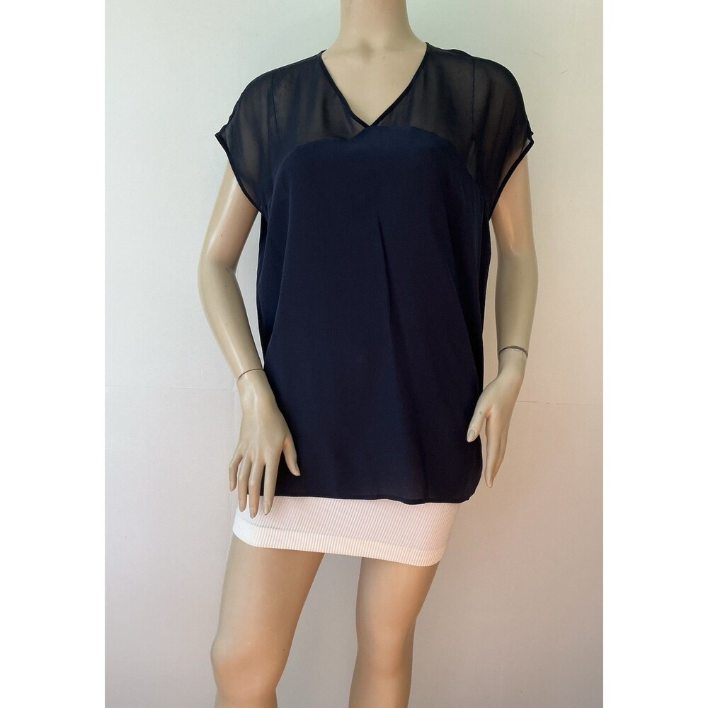 NEW VINCE (Size L) 100% Silk Popover Navy Blue Short Sleeve Tunic Blouse - $245!